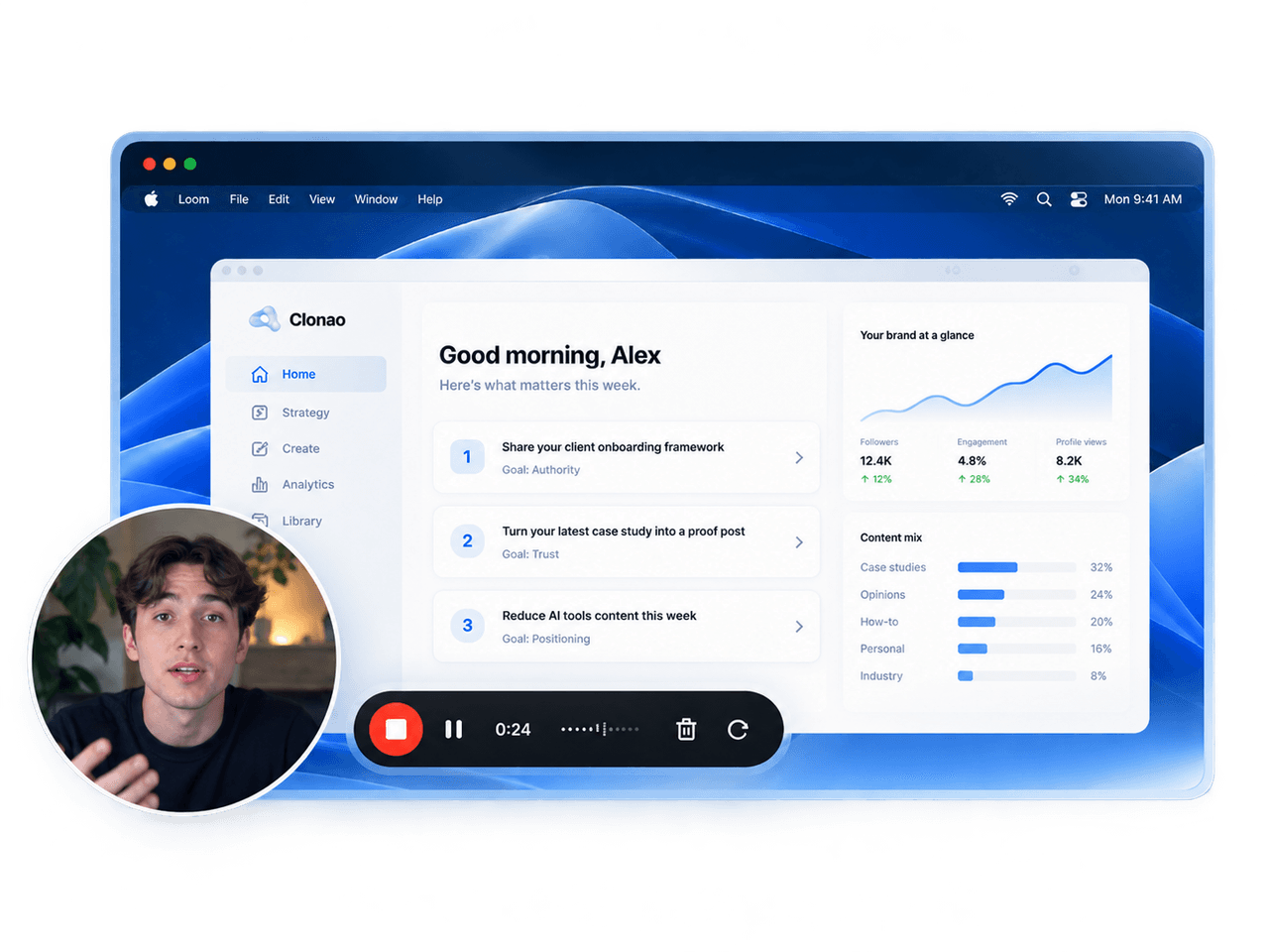 Clonao dashboard walkthrough with next best moves, analytics, and a presenter recording